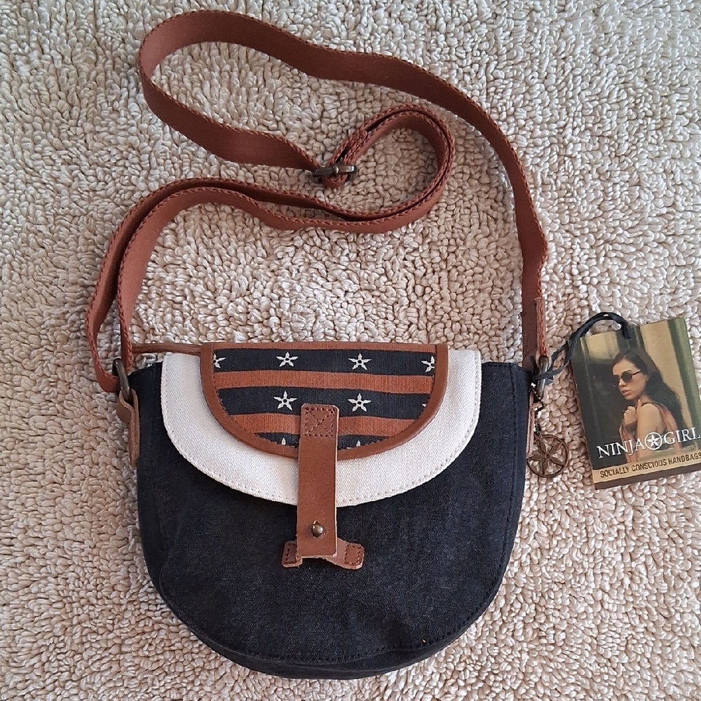 Ninga Girl Black Denim Crossbody Bag with Brown Trim and Star Charm